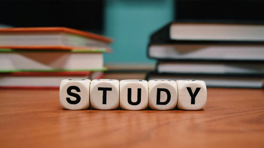 Study preparation for CAT 2025 with books and cubes spelling study