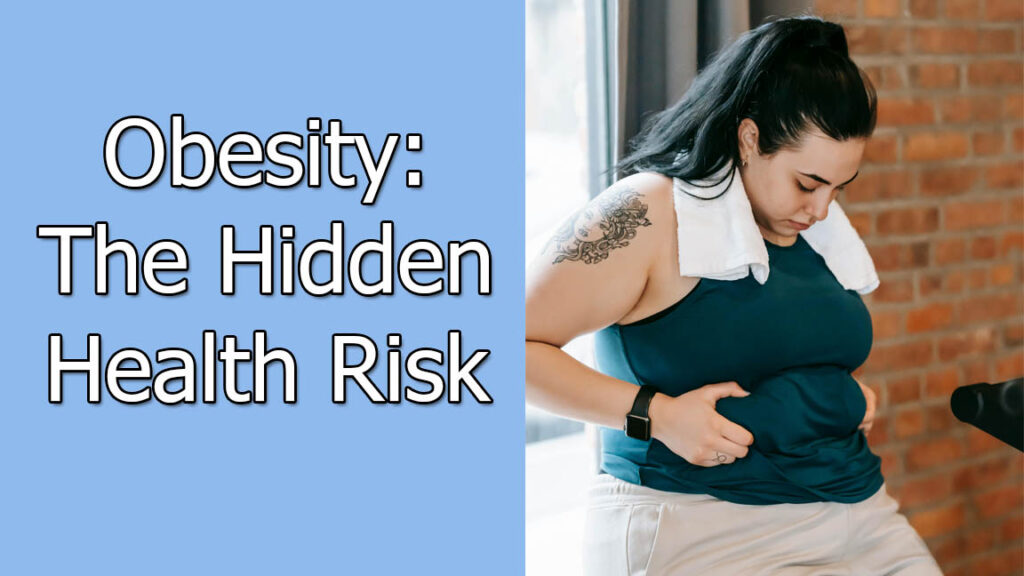 Woman checking belly fat, raising awareness about obesity health risks.
