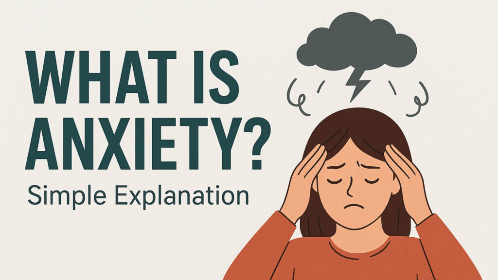 Illustrated graphic with text “What is Anxiety? Simple Explanation” and a worried woman.