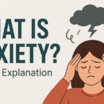 Illustrated graphic with text “What is Anxiety? Simple Explanation” and a worried woman.