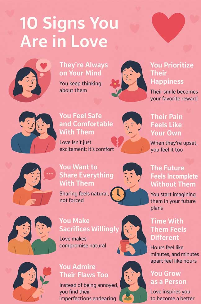 Infographic breaking down the 10 Signs You Are in Love in a simple and visual format.