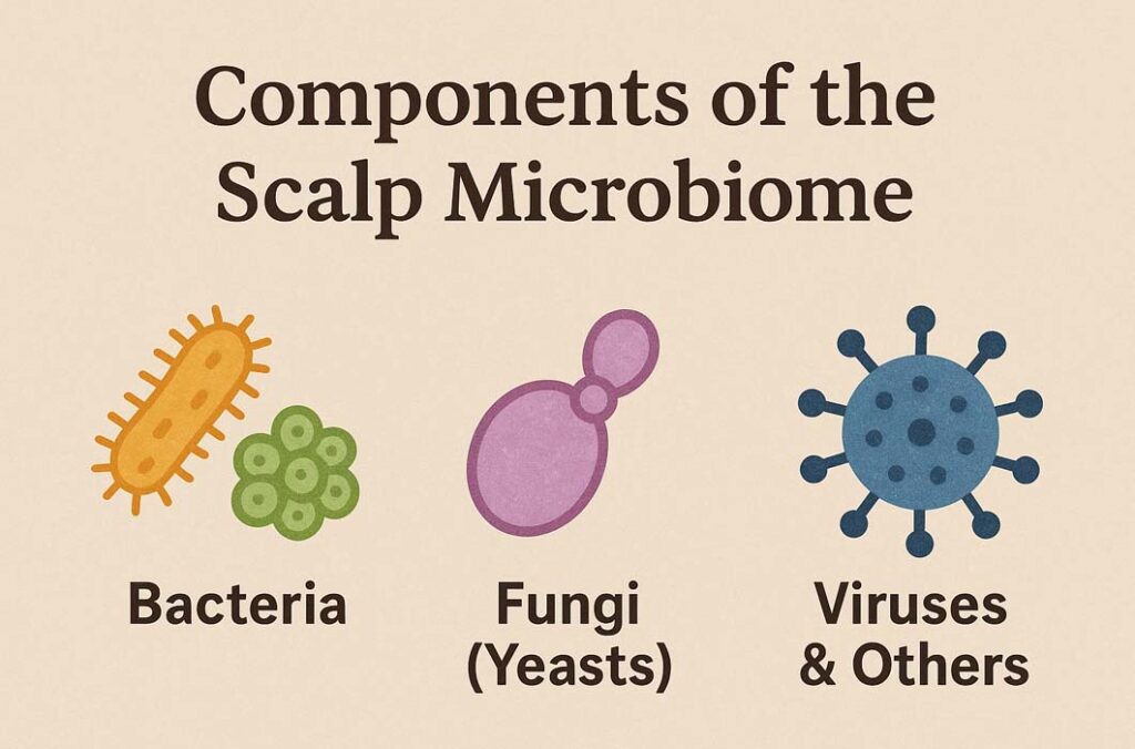 Key components of the scalp microbiome that influence scalp health.