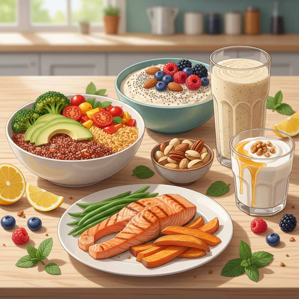 Smart Eating balanced meal with salmon, vegetables, and yogurt