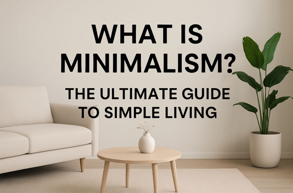 Minimalist living room with neutral tones, sofa, and plants illustrating what is minimalism and simple living.